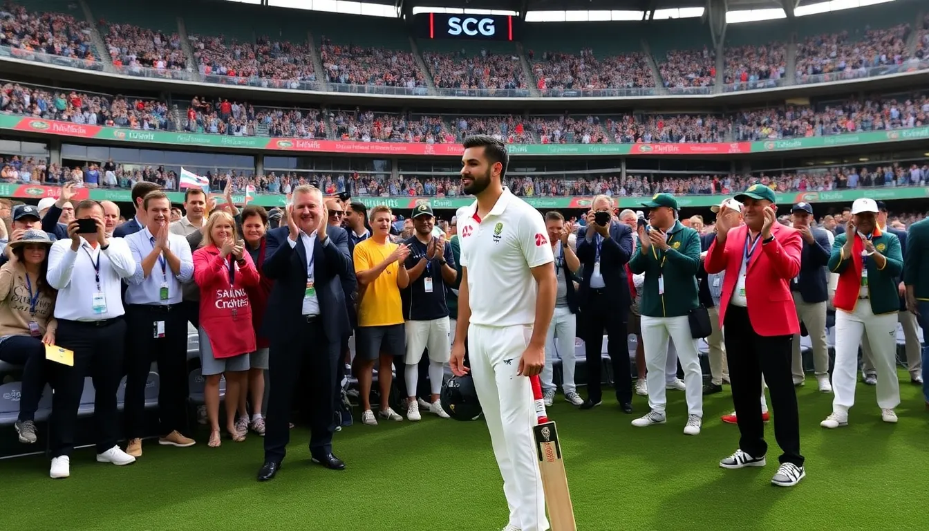 Usman Khawaja stands at the crease, bat in hand, as he prepares to face the bowler during the final moments of the Ashes Test at the Sydney Cricket Ground, surrounded by teammates and fans acknowledging his retirement announcement.