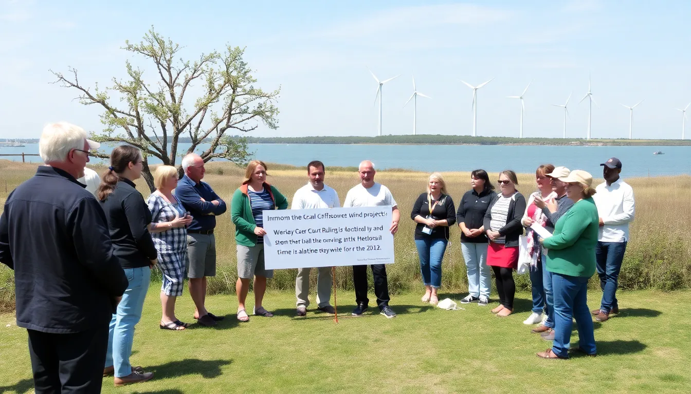 A group of supporters gathers outside a courthouse, holding signs advocating for renewable energy, as a judge announces a ruling in favor of the Virginia Coastal Offshore Wind Project.
