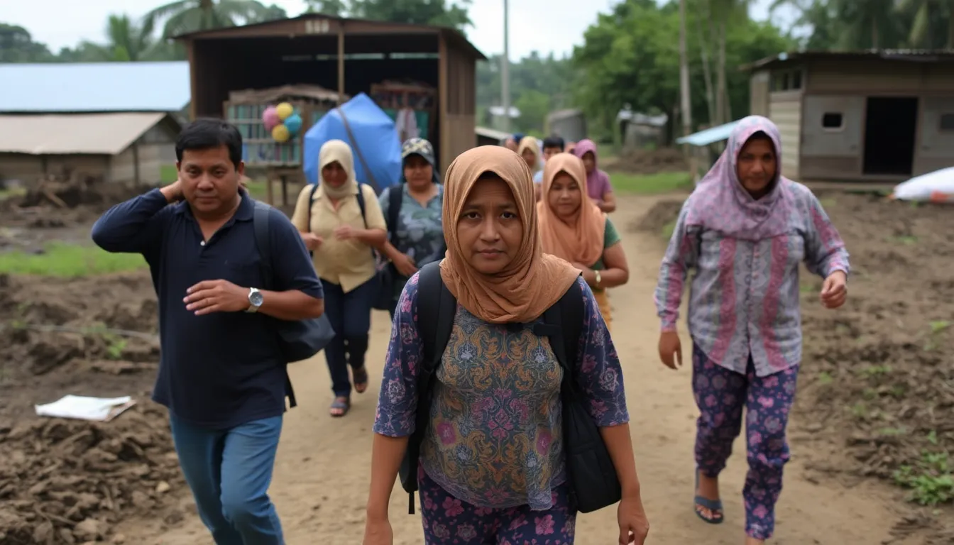 Residents navigating through debris and sediment in a populated area impacted by a recent volcanic eruption and subsequent mudflow