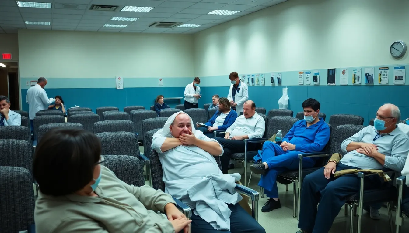 A crowded hospital waiting room shows patients and families anxiously awaiting care amid rising flu cases and healthcare strain this winter.