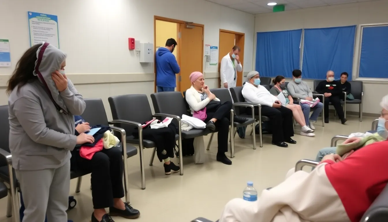 An elderly individual sits in a waiting room, illustrating the vulnerable populations at higher risk for severe flu complications