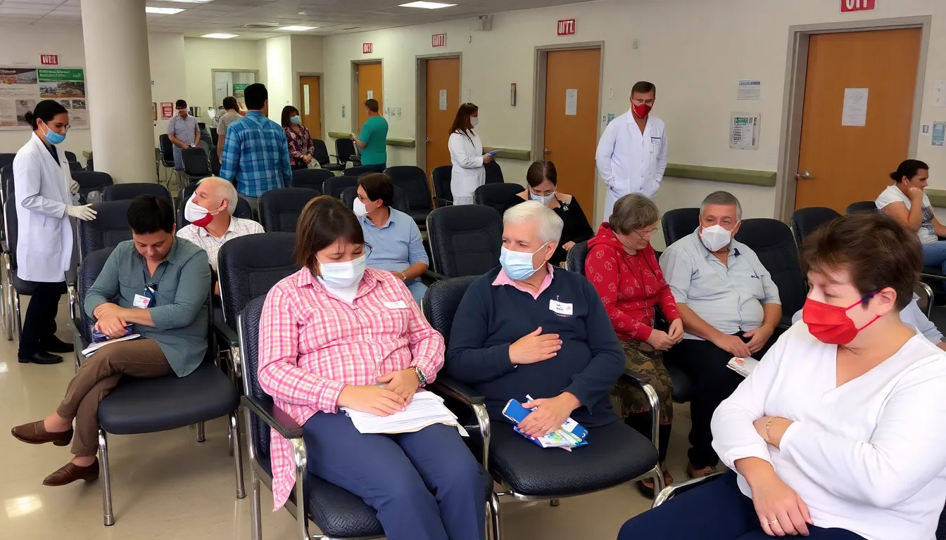 A busy hospital scene shows healthcare workers attending to patients, reflecting the strain on medical facilities during the flu season