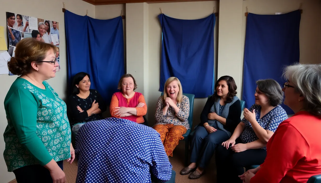 A group of women enthusiastically smash plates and electronics in a brightly colored rage room, expressing their emotions and enjoying the liberating experience.