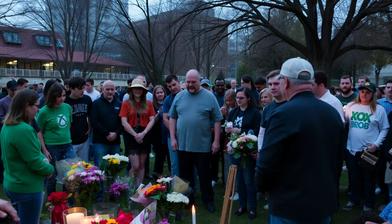A group of mourning fans gather outside a gaming convention, holding candles and signs in tribute to Albert Penello, reflecting the profound impact he had on the gaming community.