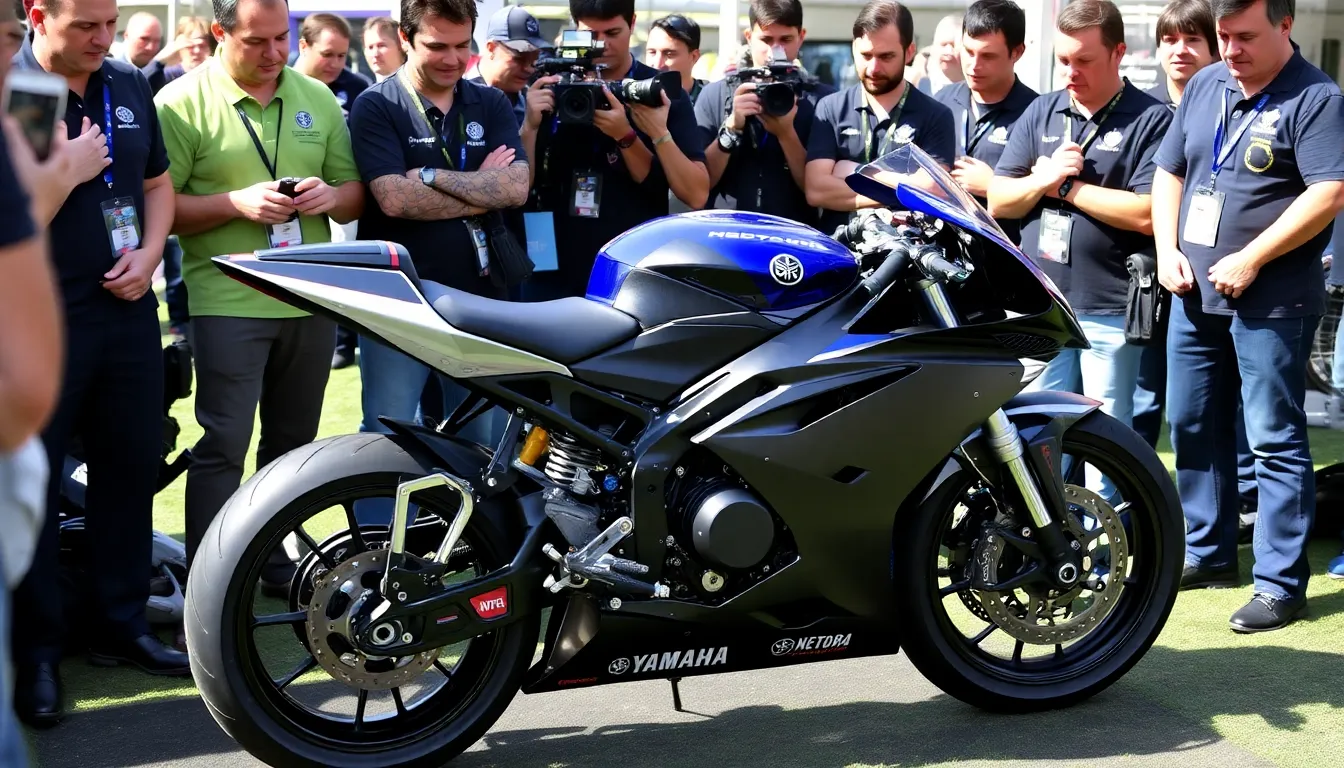 The sleek design of the V4powered M1 emphasizes improved aerodynamics and performance, reflecting Yamaha's commitment to cuttingedge technology in motorcycle racing