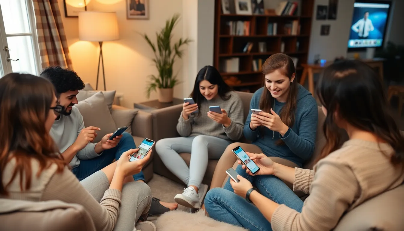 A group of young adults gathers in a cozy urban café, engaged in lively conversation while discussing the impact of the "Are You Dead?" app on their mental health and social connections.