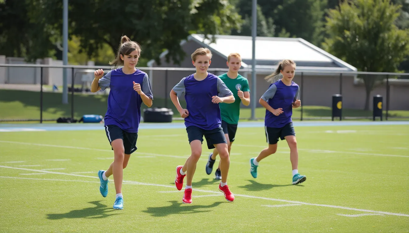 A group of young football players is seen training on a field, showcasing their skills while a coach observes and provides guidance.