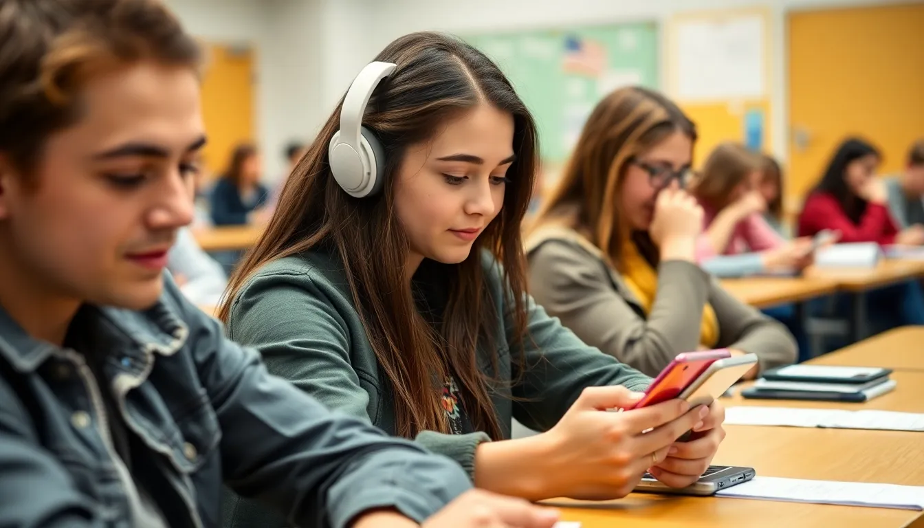 A group of high school students sits at their desks, each focused on their mobile phones during a classroom lesson while a teacher stands at the front of the room.