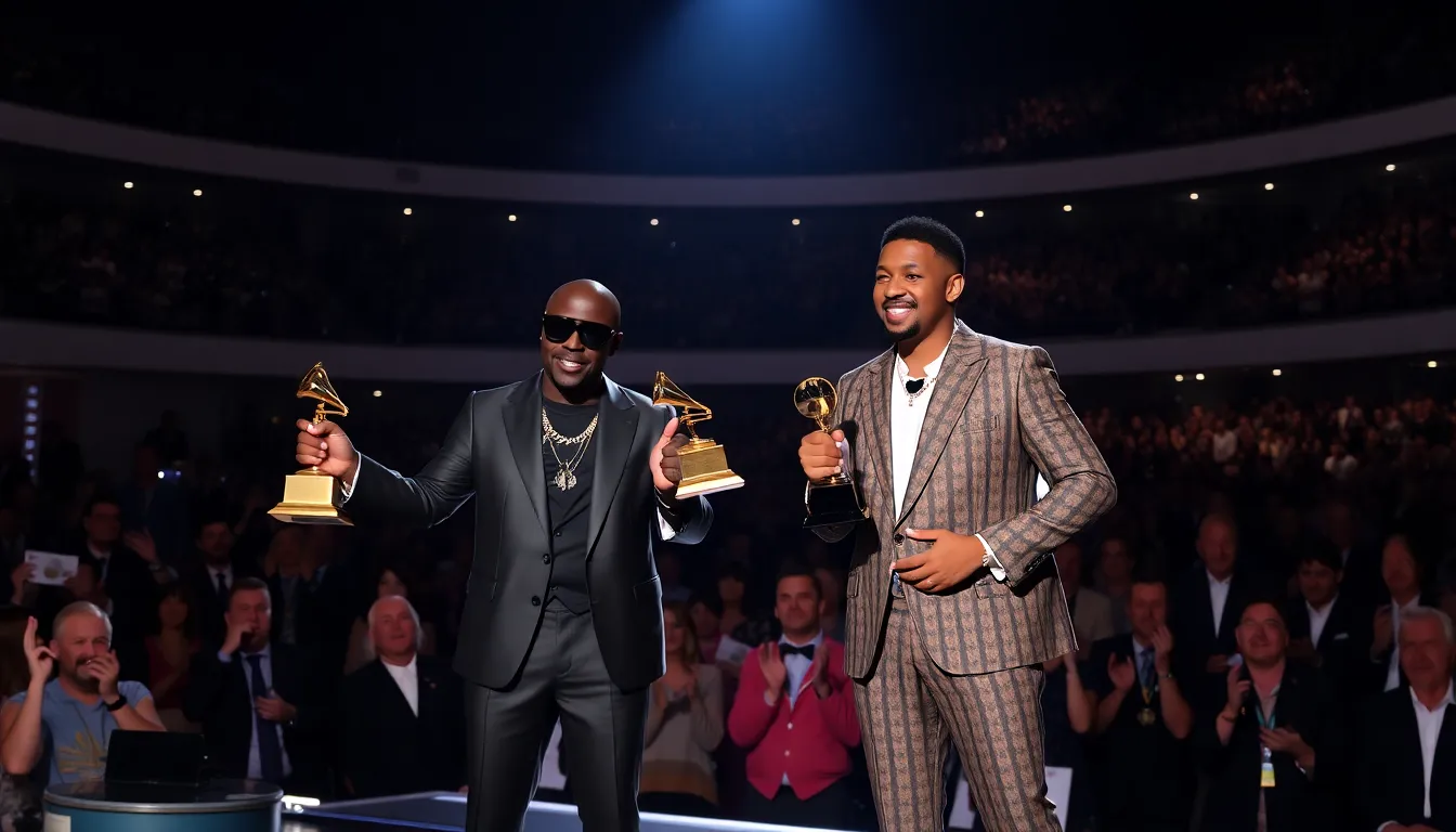 Bad Bunny and Kendrick Lamar celebrate their Grammy wins on stage, surrounded by applause and vibrant lights during the 2026 Grammy Awards.