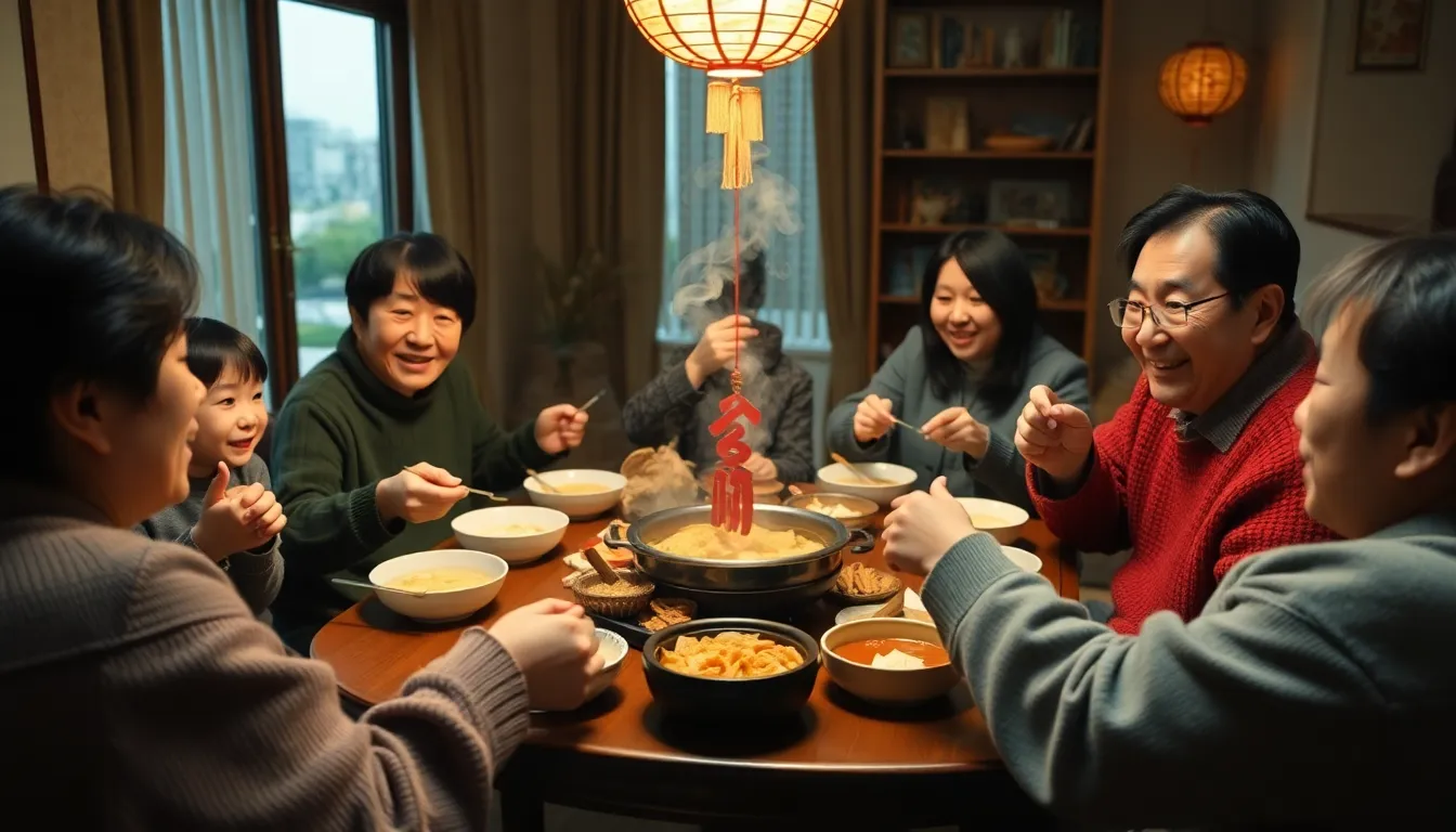 家族や友人が集まり、伝統的な料理を楽しむ様子