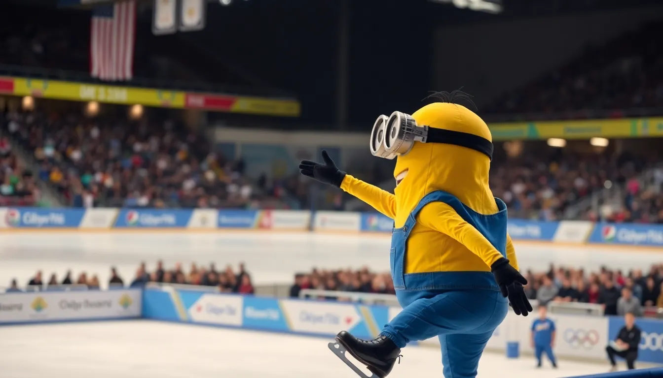 An Olympic skater performs on the ice in a bright yellow costume resembling a Minion, drawing attention and sparking discussions about potential copyright issues ahead of the 2026 Winter Games.