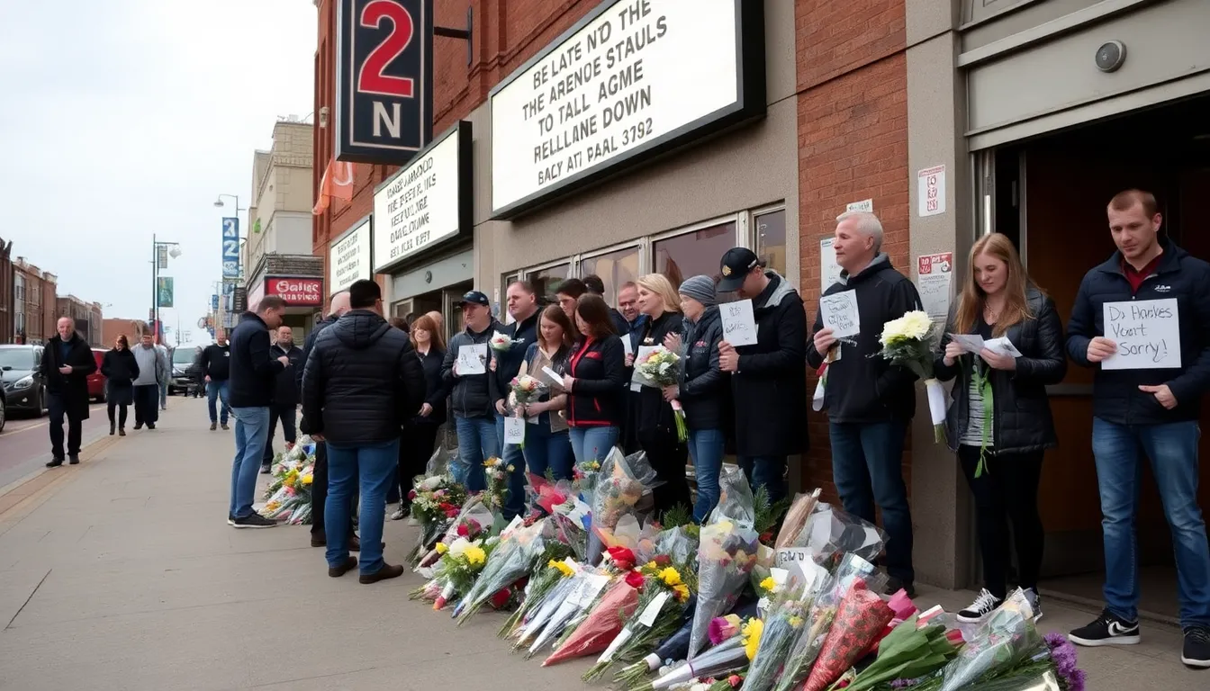 Fans gather outside a music venue holding candles and flowers in tribute to Brad Arnold, the late lead singer of 3 Doors Down, reflecting their grief and admiration for his impact on rock music.