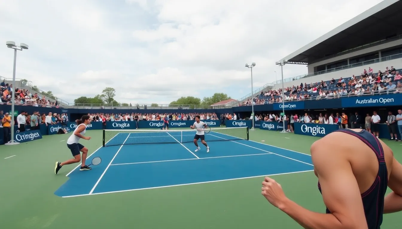 A diverse group of tennis players from various countries gather on the court, symbolizing the global nature of the tournament amidst geopolitical discussions