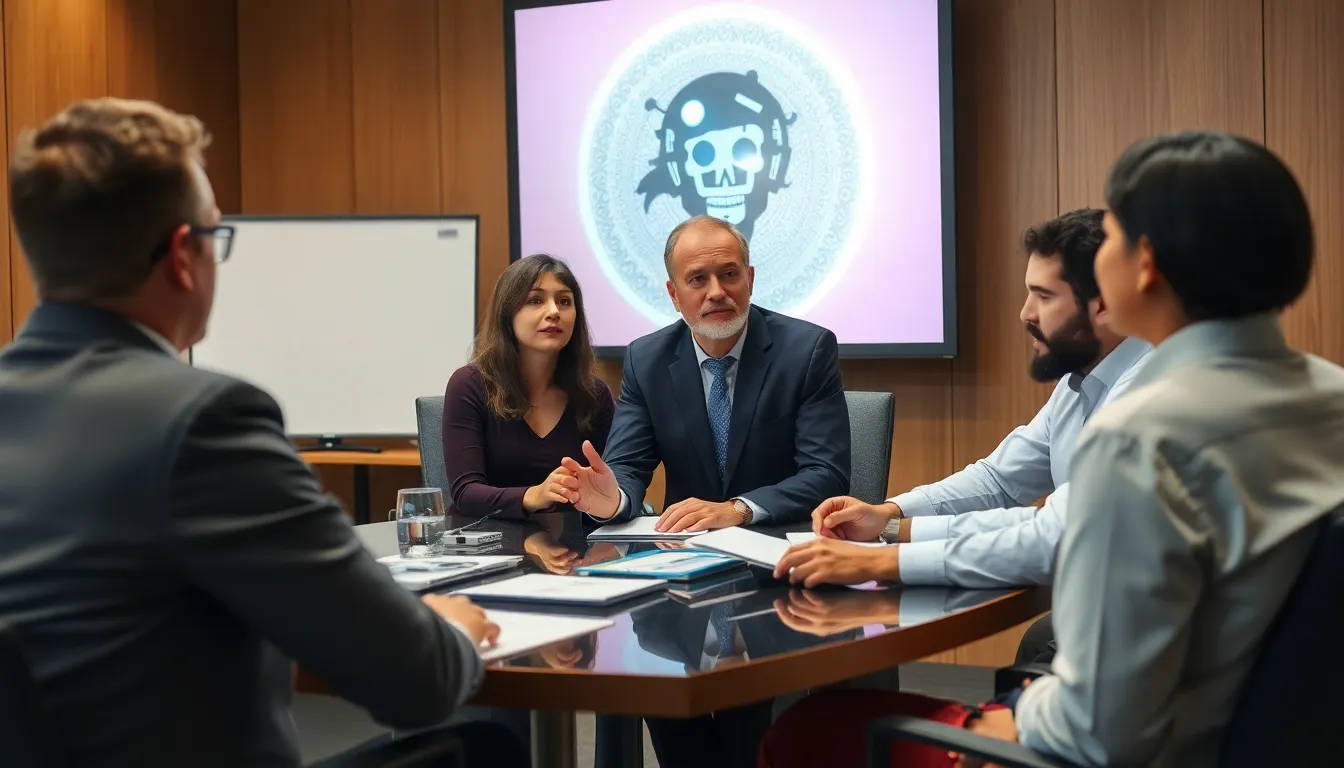 A group of experts discusses the implications of A.I. delusions on mental health during a conference, with charts and graphs displayed on a screen behind them.