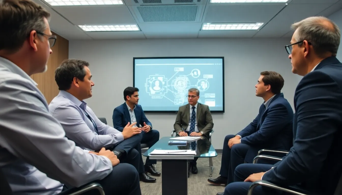 A meeting of stakeholders, including mental health professionals and technology developers, engaging in dialogue about the ethical implications of A.I. in decisionmaking processes