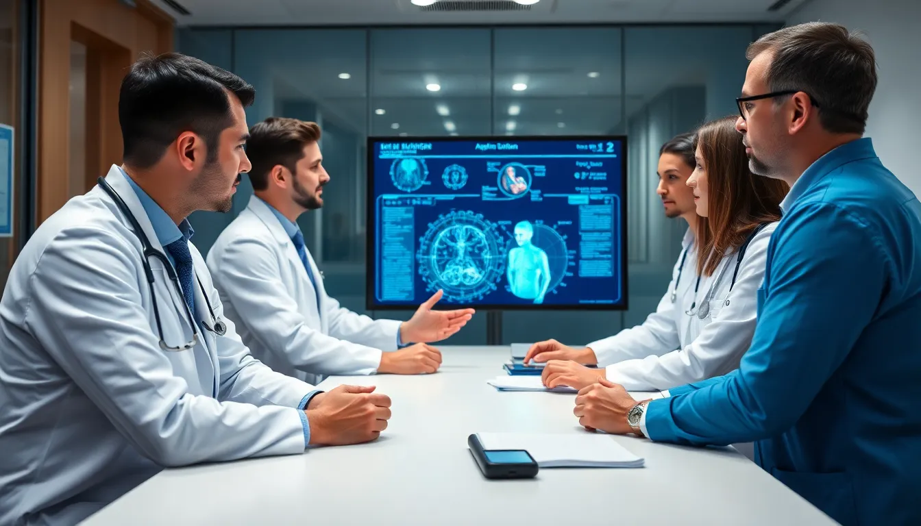 A group of doctors discusses the impact of artificial intelligence on patient care during a conference, with charts and data displayed on a screen behind them.
