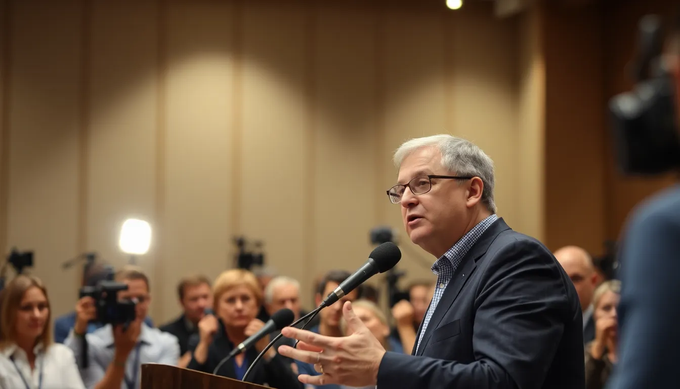A crowd of attendees listens intently as the AI safety leader announces their resignation during a conference on AI ethics, with a backdrop of banners highlighting the importance of responsible technology development.