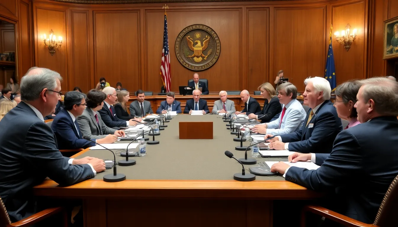 A group of tech leaders and policymakers engage in discussions at a summit focused on A.I. safety, with banners and presentations highlighting the urgency of regulating artificial intelligence technologies.