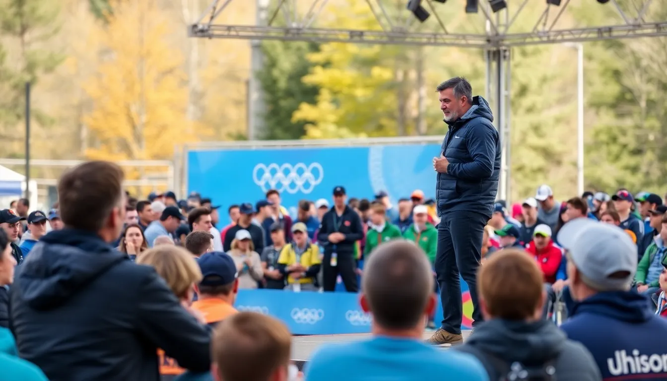 A nostalgic crowd of fans celebrating Alberto Tomba's return to the Olympic spotlight, reminiscing about his thrilling performances