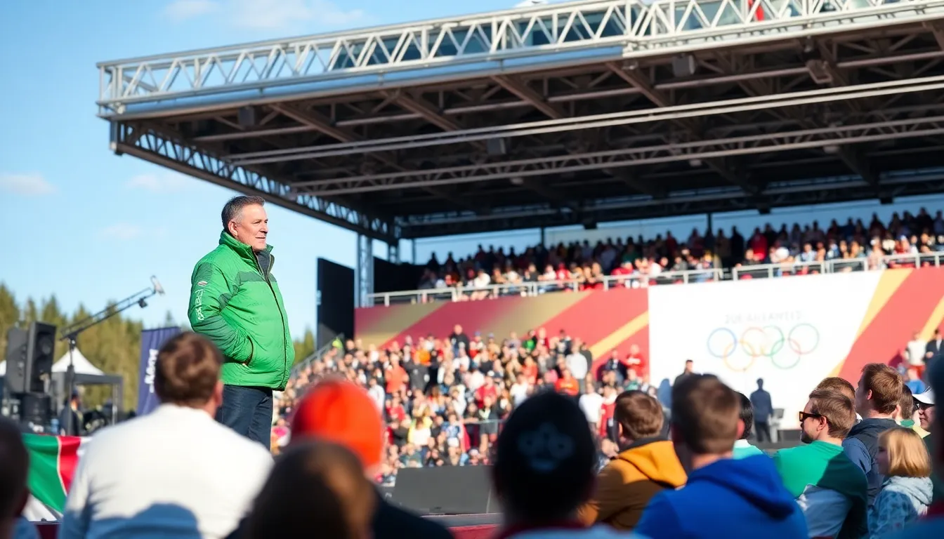 A vibrant atmosphere at the Olympic venue, filled with excitement as spectators gather to witness skiing events and honor past champions like Tomba