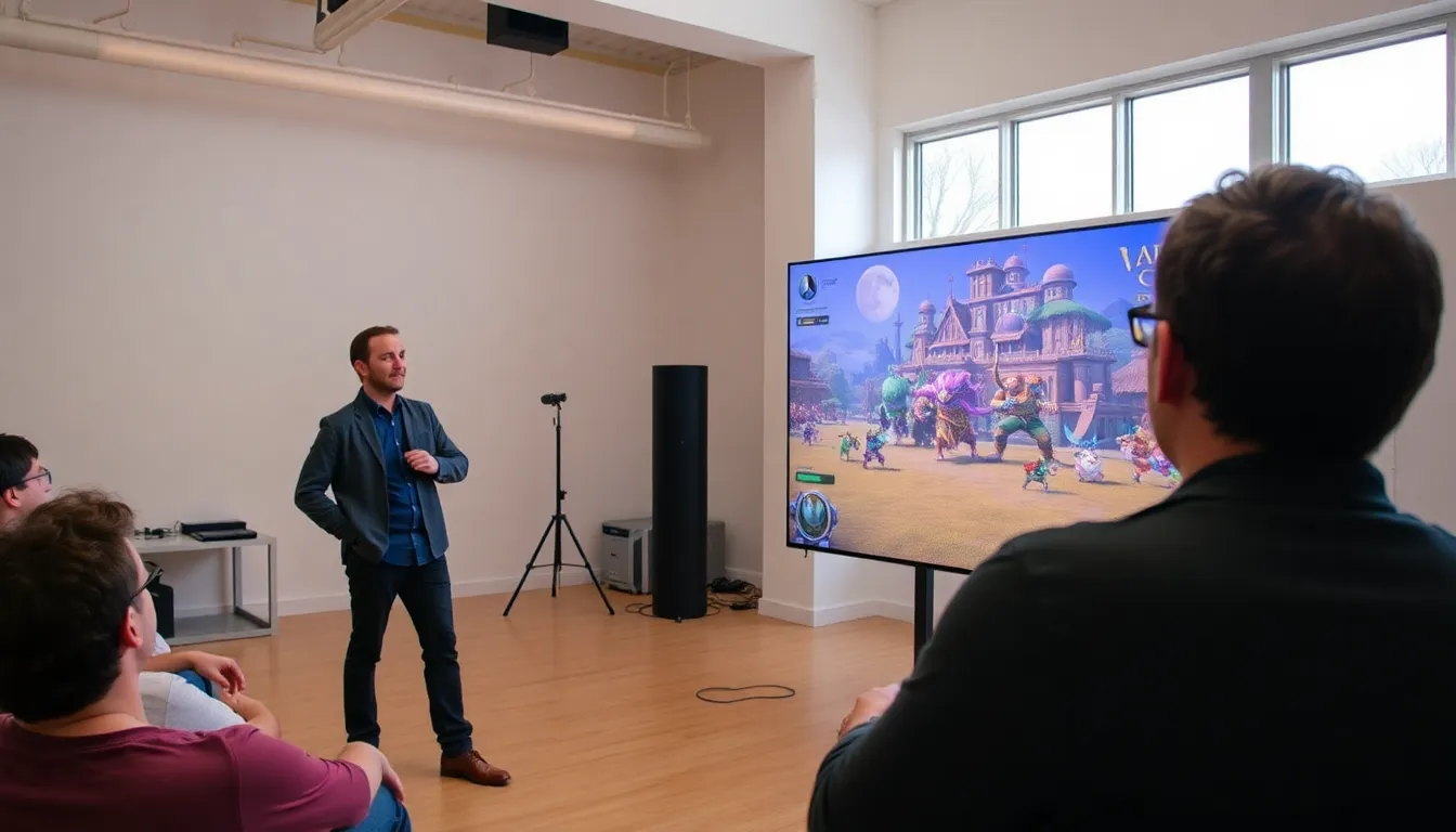 A group of enthusiastic gamers watches a livestream event showcasing new gameplay footage from Peter Molyneux's final game, with excitement evident on their faces as they discuss the innovative features being revealed.