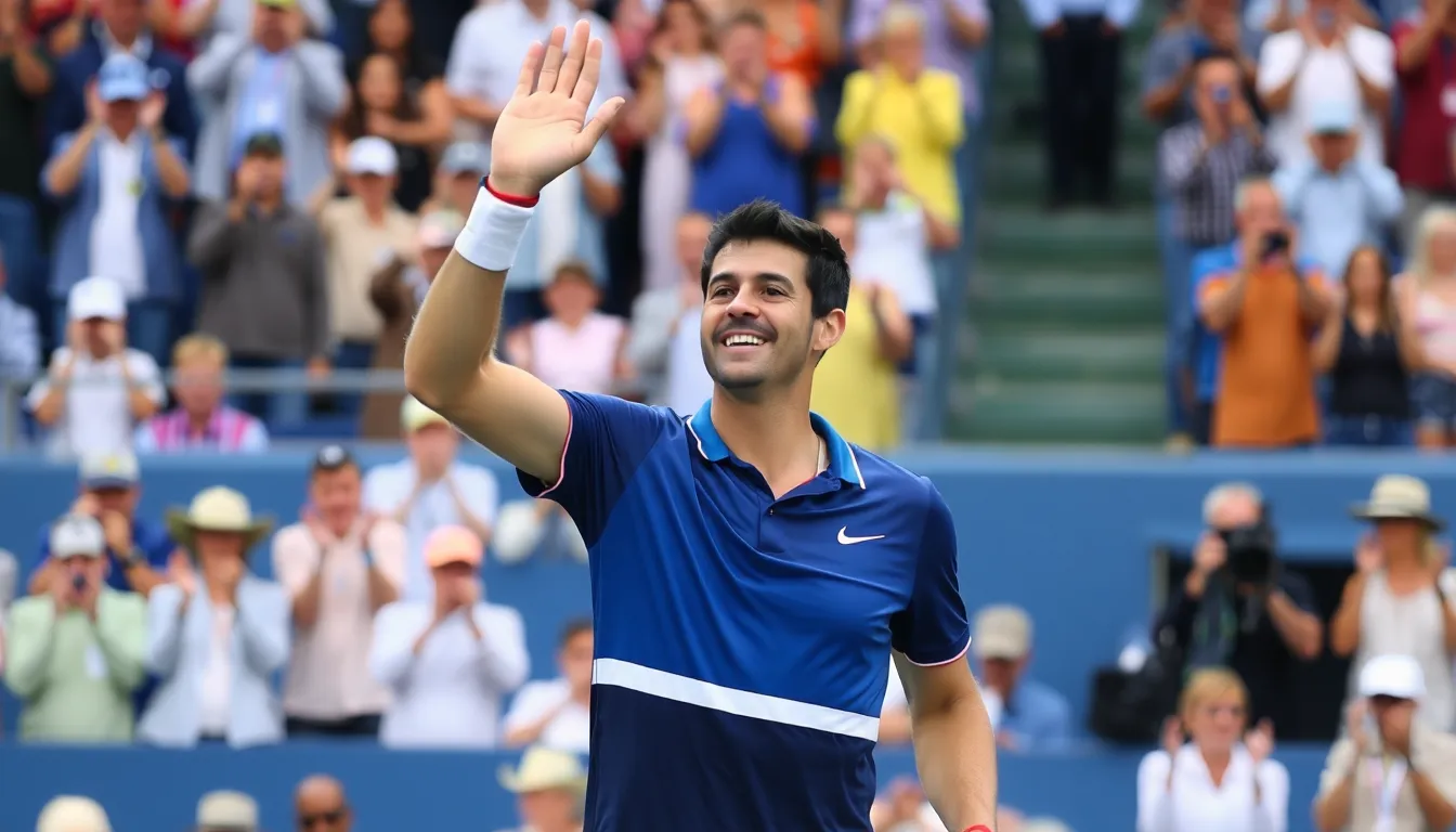 Carlos Alcaraz celebrates his victory over Jannik Sinner after winning the US Open final, surrounded by cheering fans and holding the championship trophy aloft.