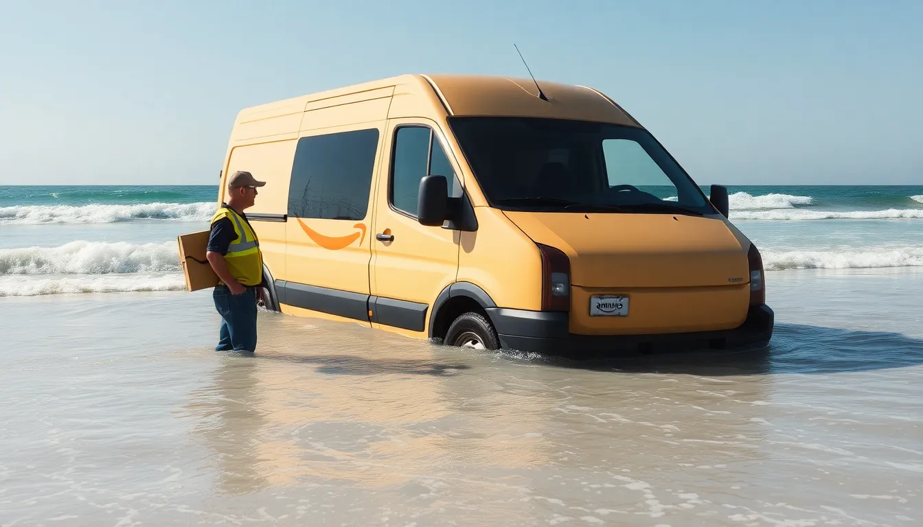 A delivery driver stands on the shore, looking back at their abandoned Amazon van partially submerged in the water after a GPS error led them into the sea.