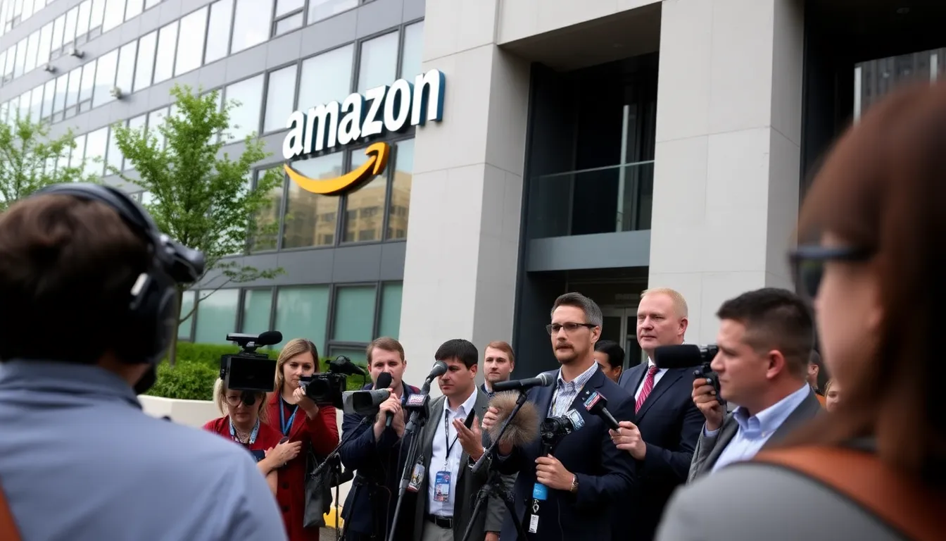 A group of protesters holds signs outside an Amazon facility, voicing their concerns over privacy and surveillance practices.