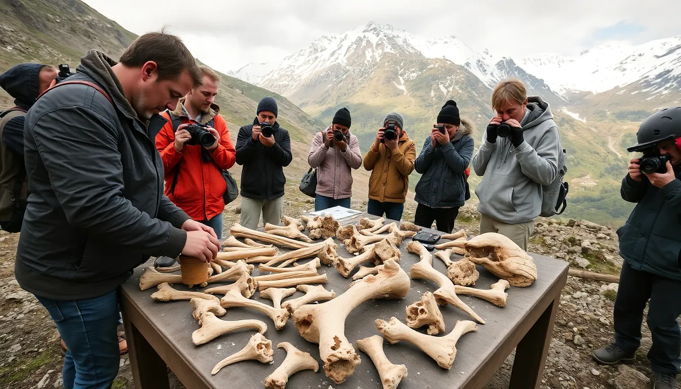 A bustling archaeological dig site where researchers are carefully excavating remains, emphasizing the collaborative efforts to validate the connection between ancient bones and the legendary war elephants