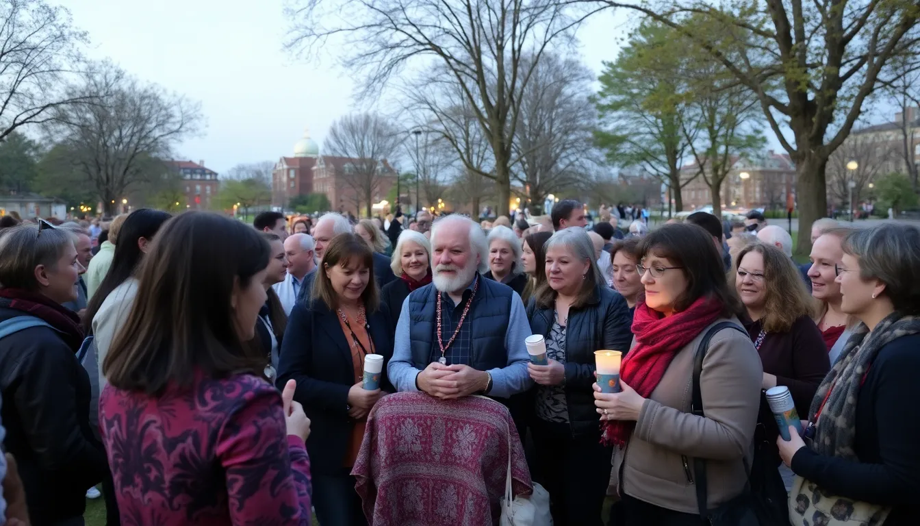 A crowd of fans gathers outside a music venue, holding candles and flowers in tribute to Andrew Ranken, the late drummer of The Pogues, as they mourn his passing and celebrate his musical legacy.