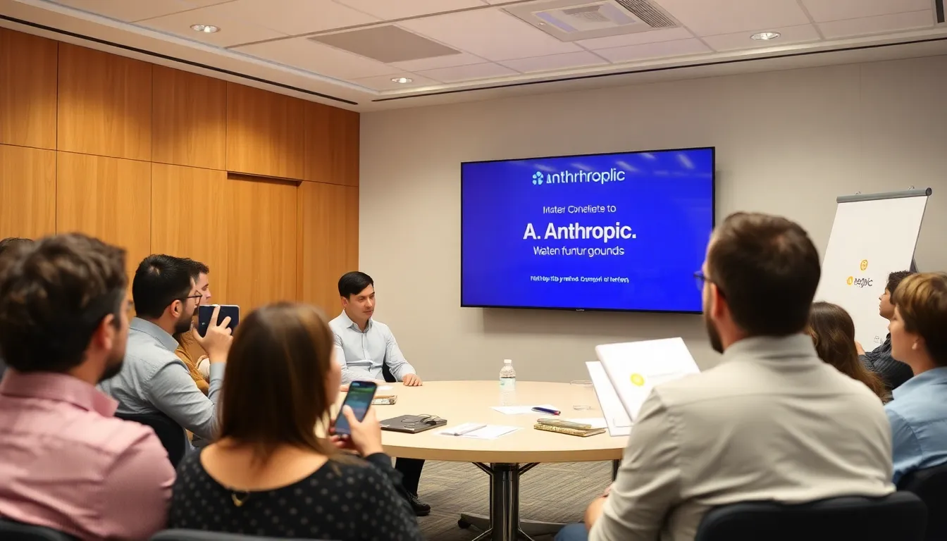 A vibrant tech conference where industry leaders are engaging in discussions about the future of artificial intelligence and its ethical implications