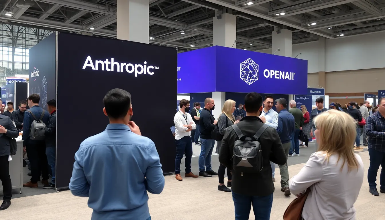 A bustling tech conference showcases representatives from Anthropic and OpenAI discussing their latest chatbot innovations and advertising strategies.