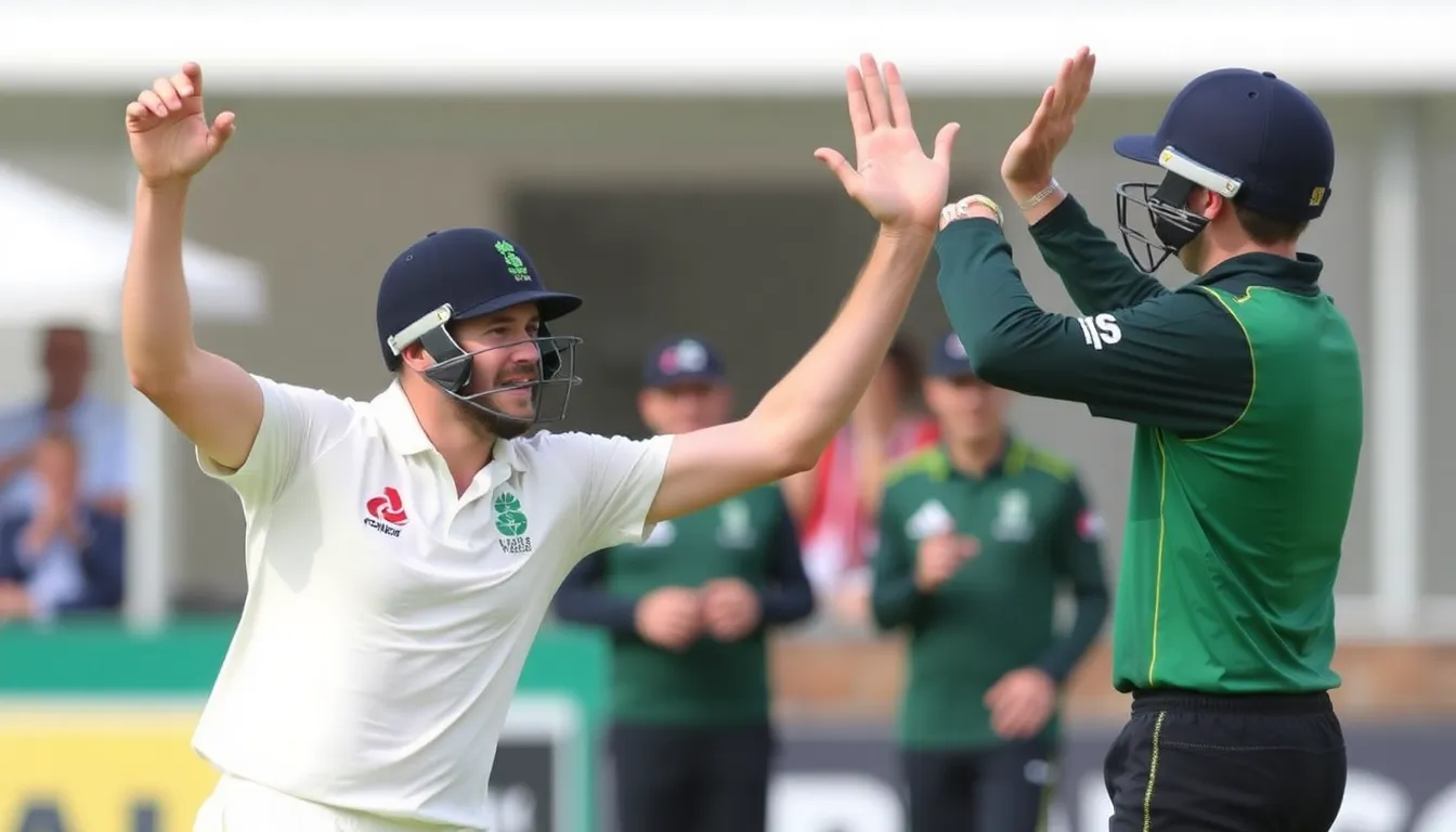 Jofra Archer celebrates after taking the wicket of Shai Hope, who is caught behind for just three runs during the opening over of the cricket match on October 15, 2023.