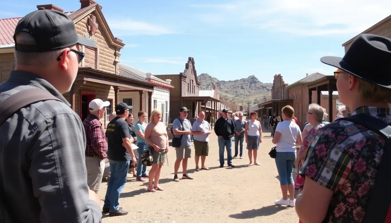 Visitors explore the crumbling structures of Vulture City Ghost Town, surrounded by the arid landscape of Arizona, as preservationists work to save the historic site from further deterioration.