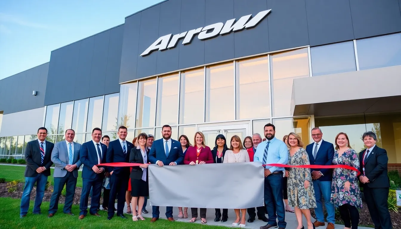 A crowd gathers outside the newly inaugurated Arrow McLaren headquarters in Indianapolis, celebrating the opening of the stateoftheart facility designed to enhance the team's racing capabilities.