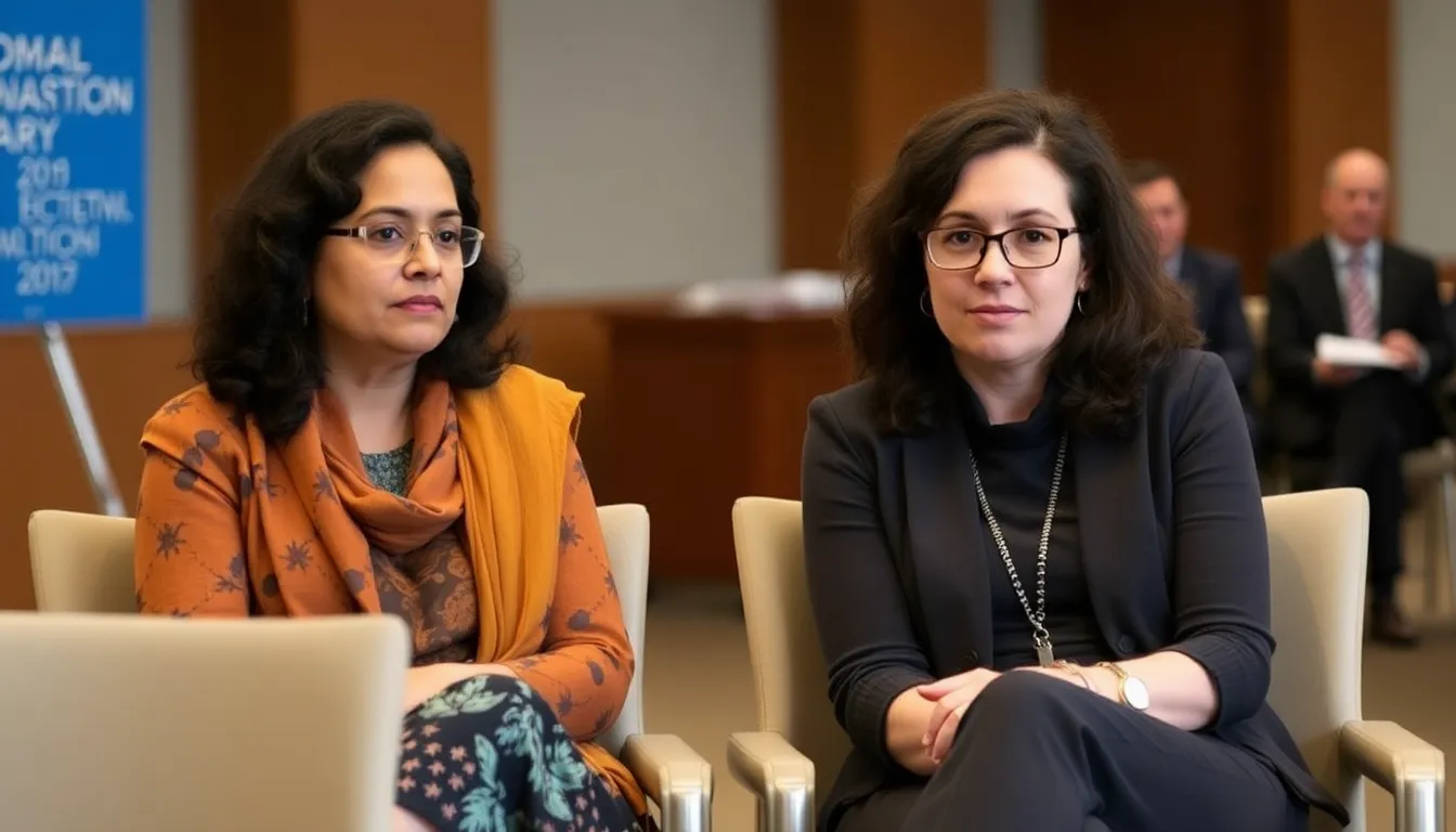 Arundhati Roy and Sarah Perry stand together at a literary event, both smiling as they celebrate their nomination for the Women's Prize for Nonfiction.