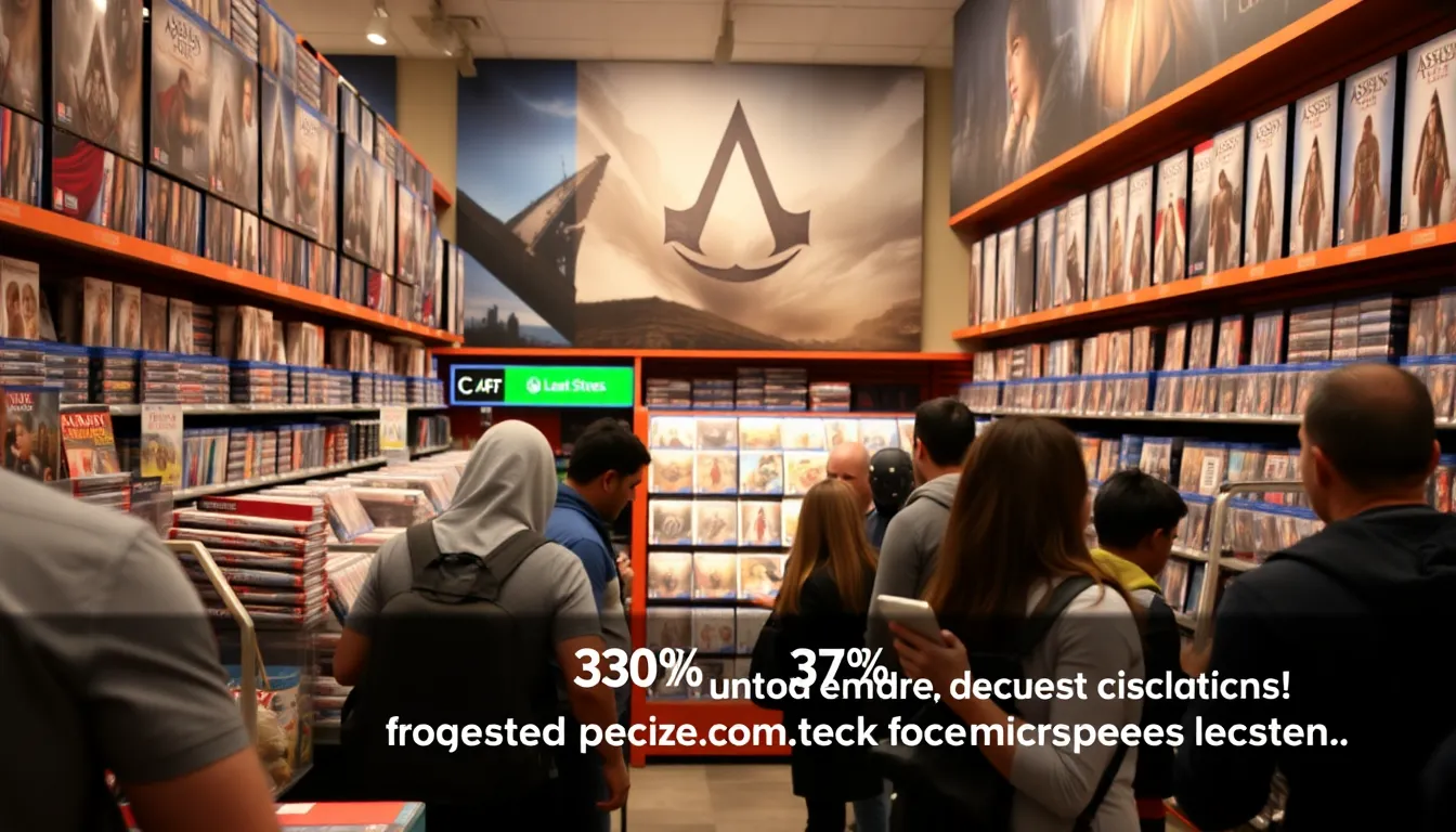 A group of enthusiastic gamers gathers around a large screen, eagerly discussing the latest gameplay features of Assassin's Creed Mirage during a gaming event.