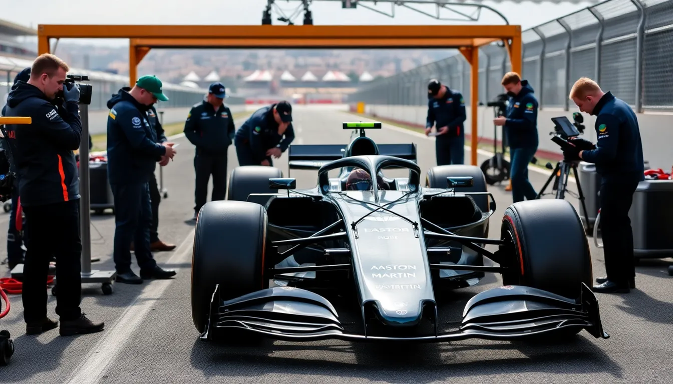 Aston Martin's Formula 1 team members work on their new AMR24 model at the Circuit de BarcelonaCatalunya during a shakedown, addressing technical issues ahead of the upcoming season.