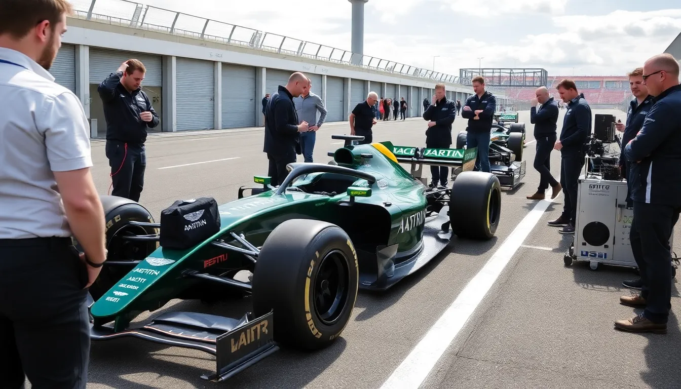 Engineers and technicians work diligently on the AMR24, addressing various technical issues that emerged during the shakedown, showcasing the team's commitment to performance