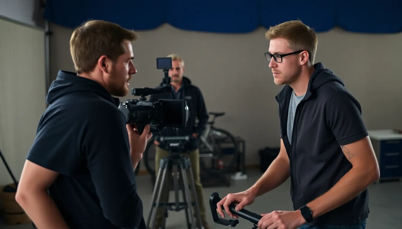 Austin Butler is seen discussing his role as Lance Armstrong with director Edward Berger during a film production meeting.