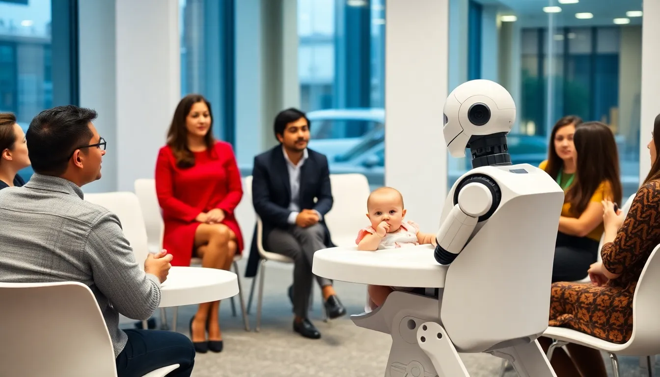 A healthcare worker interacts with a robotic system designed to monitor the health of infants in a hospital setting, highlighting the integration of technology in childcare amidst climate change concerns.