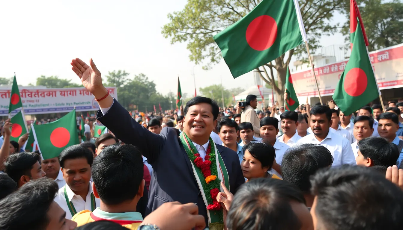 Supporters of the Democratic Alliance celebrate in the streets of Dhaka following their party's landslide victory in the recent national elections.