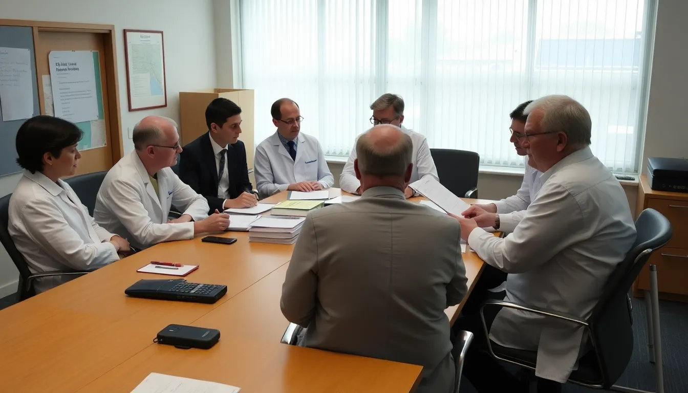 A group of scientists engages in a lively discussion during a BBC Inside Science episode focused on renewable energy technologies and their impact on climate change.