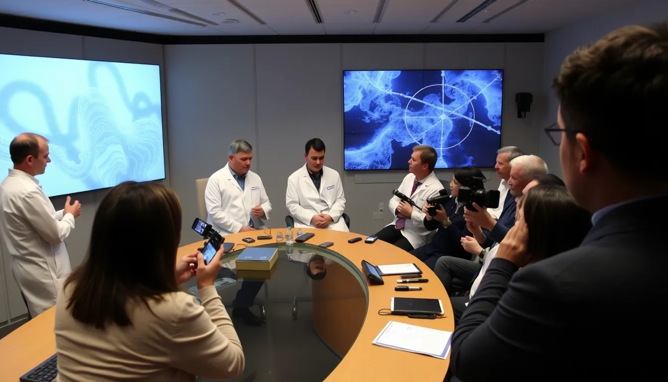 A group of scientists and policy makers engage in a lively discussion during a BBC Inside Science event, highlighting the importance of public understanding of climate change and technological advancements.