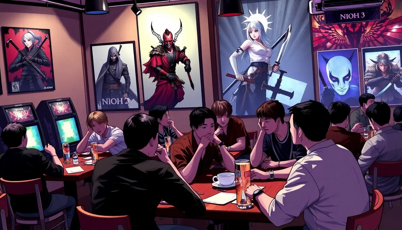 players engaged in a heated discussion at a gaming convention, analyzing the latest weapon choices in Nioh 3 while surrounded by promotional banners and gaming setups.