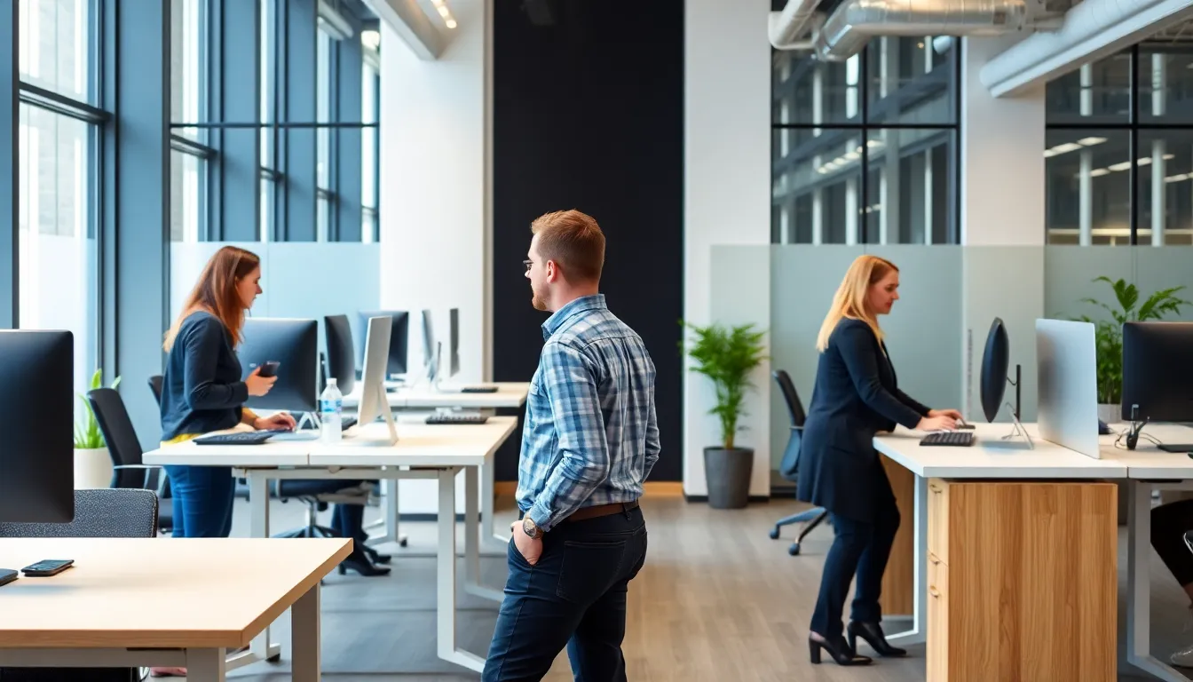 A modern office space features several employees using adjustable standing desks, engaged in work while promoting a healthier ergonomic environment.