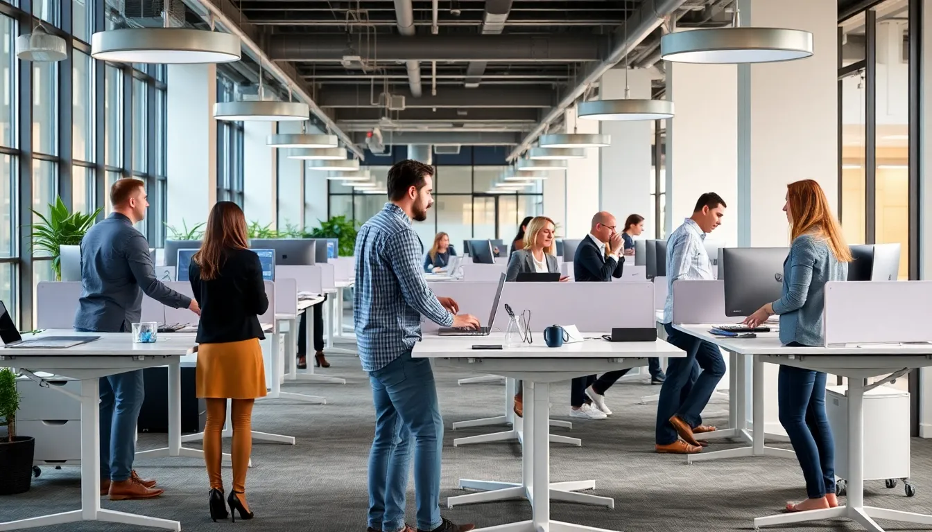 A diverse range of standing desks on display in a retail environment, illustrating the variety of designs and features available to cater to different consumer needs
