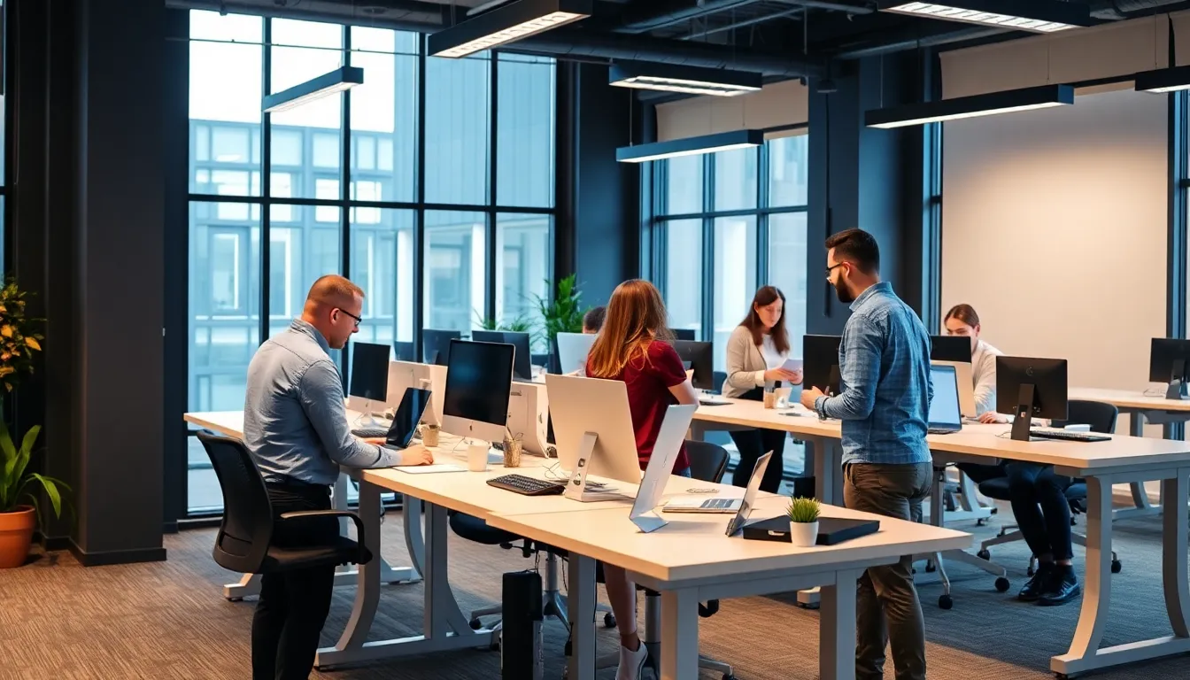 Employees collaborating around a large standing desk in a corporate setting, emphasizing the shift towards ergonomic solutions to enhance productivity and wellbeing