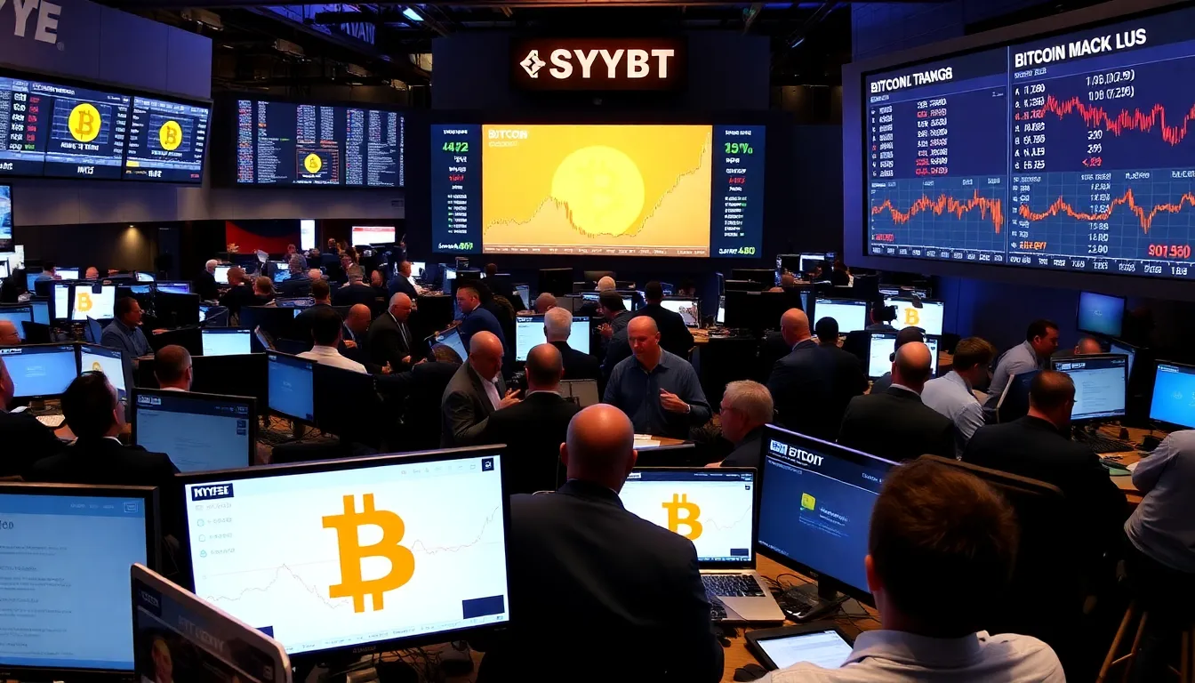 A trader anxiously monitors Bitcoin's plummeting price on multiple screens in a bustling financial office filled with charts and graphs.