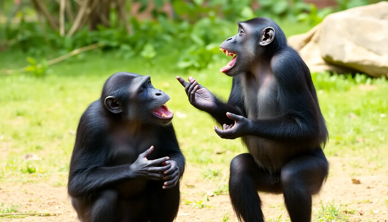 Two bonobos involved in a mock battle, showcasing their ability to create makebelieve scenarios similar to those observed in children